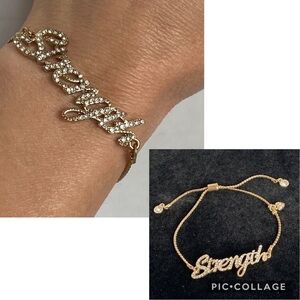 Adjustable STRENGTH Gold tone Bracelet Rhinestone